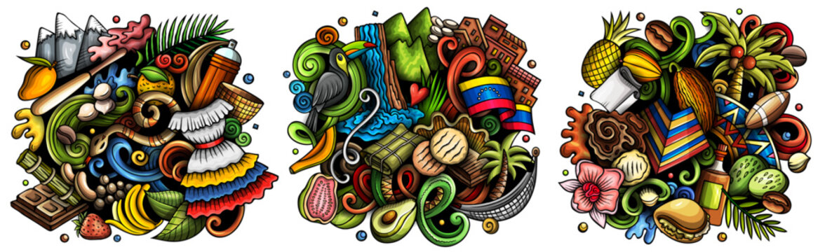 Venezuela cartoon vector doodle designs set. Colorful detailed compositions with lot of traditional symbols. Isolated on white illustrations
