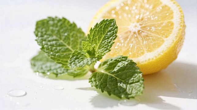 lemon and mint leaves macro refreshing summer vibe clean lighting bright white background