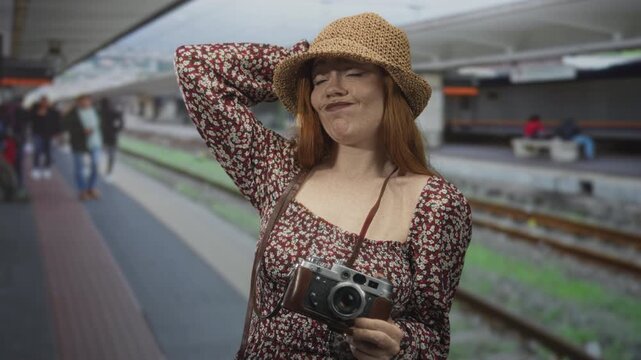 Redhead woman in floral dress holding vintage camera, hand to straw hat and grimace on a crowded train station platform; confusion travel.