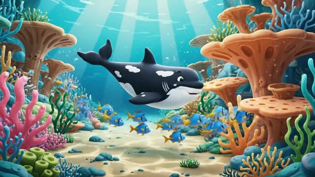 Cartoon Orca Whale Swimming in Vibrant Tropical Coral Reef Underwater Scene for Children