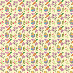 Fototapeta premium A charming repeating pattern featuring colorful Easter eggs carrots butterflies and flowers with a light yellow background