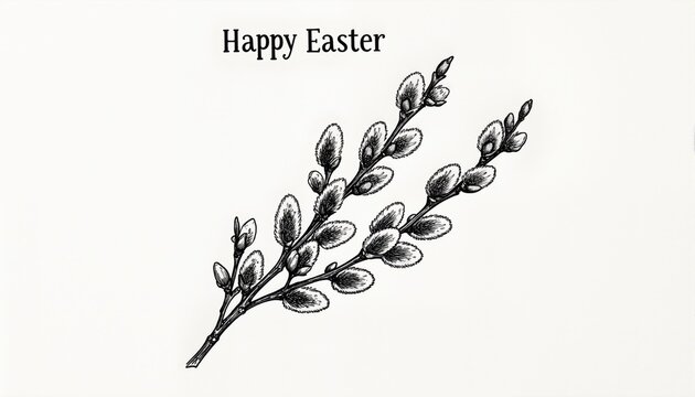 Happy Easter Hand Drawn Ink Card Layout with Catkin Spray Drawing
