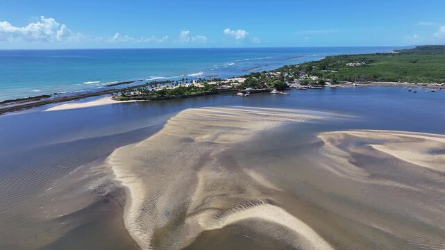 Porto Seguro Skyline At Porto Seguro In Bahia Brazil. Beach Landscape. Beautiful Coastline. Travel Destination. Porto Seguro Skyline In Porto Seguro In Brazil. Mangrove Sand Bank. Brazil Northeast.