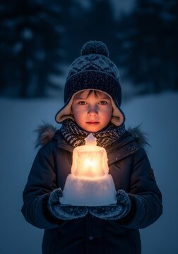 Boy Holds Glowing Ice Lantern in Snowy Winter Night Landscape