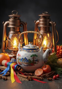 Vintage Still Life with Ornate Teapot and Glowing Lanterns
