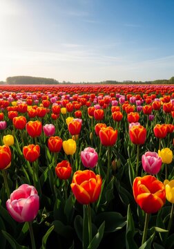 Colorful Tulip Field Under Clear Sky at Sunrise in Netherlands