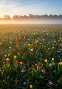 Sunrise Over Multicolor Wildflower Field with Foggy Tree Line