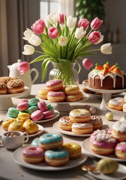 Pastel Donuts Macarons and Carrot Cake with Tulips Still Life