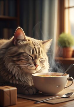 Fluffy Cat Enjoying Steam from a Hot Bowl of Soup Indoors