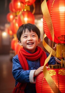 Smiling Boy in Traditional Chinese Clothing Surrounded by Red