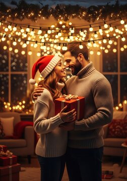 Couple Embracing Holding Christmas Gift In Illuminated Room Indoor