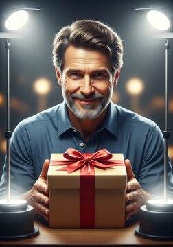 Smiling Man Holds Gift Box with Red Ribbon under Spotlights
