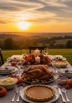 Thanksgiving Feast at Sunset with Turkey and Pumpkin Pie