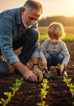 Man and Child Planting Seedlings in Brown Soil at Sunset