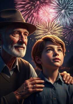 Grandfather and Grandson Watch Fireworks Display in Dark Sky