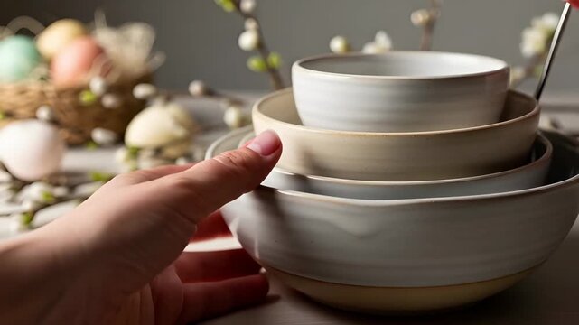 Woman hand arranging ceramic bowls for Easter dinner. Table setting with pussy willow and painted egg. Luxury home decor for holiday celebration dinner service.