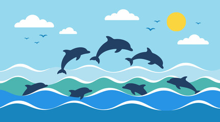 Naklejka premium Dolphins Jumping Over Ocean Waves Under a Bright Sunny Sky.