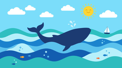 Playful whale swimming in blue ocean with sun and sailboat in a bright illustration. © Kyle