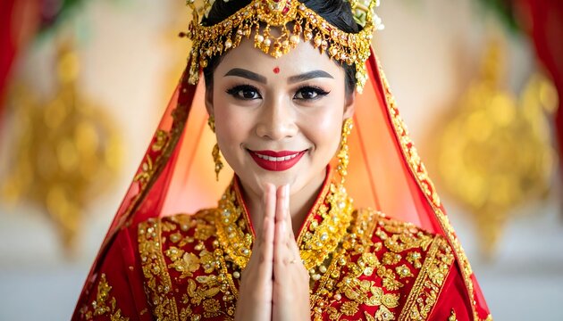 A smiling woman in a red and gold traditional dress with hands pressed together. Focus on her face and intricate attire