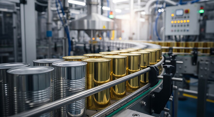 Fototapeta premium Modern Factory Production Line Transporting Metal Cans on a Conveyor Belt within an Industrial Facility