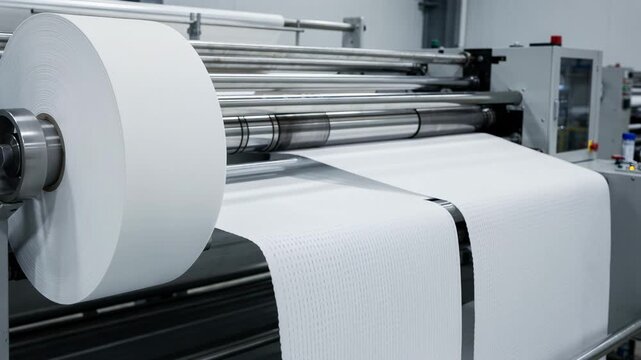 Medium shot of a machine converting large white parent rolls into perforated paper towel sheets with smooth texture and clean edges.