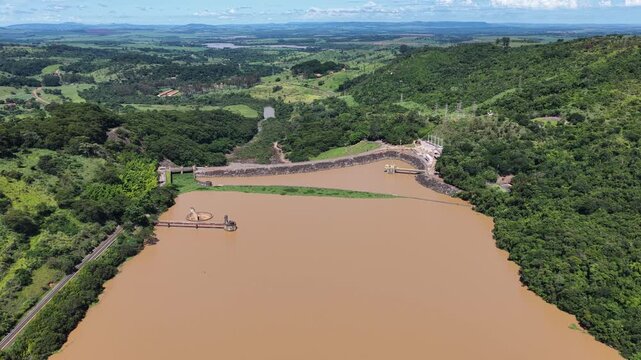 Euclides Da Cunha Reservoir Of Sao Jose Do Rio Pardo In Sao Paulo Brazil. Power Plant. Water Dam Landscape. Nature Skyline. Euclides Da Cunha Reservoir At Sao Jose Do Rio Pardo Sao Paulo Brazil. 