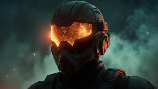 Futuristic soldier helmet with glowing orange visor in smoky battle
