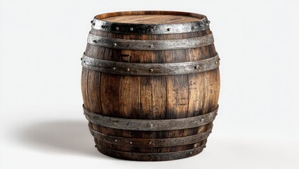Obraz premium A weathered, brown wooden barrel with metal bands, centered on a white background