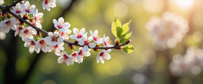 Snowy mespilus blossoms on branch with sunlight in the background  