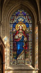 Fototapeta premium Jesus Christ portrait stained glass window, radiant halo, vibrant cathedral colors, glowing sunlight through glass, intricate lead lines, ultra detailed