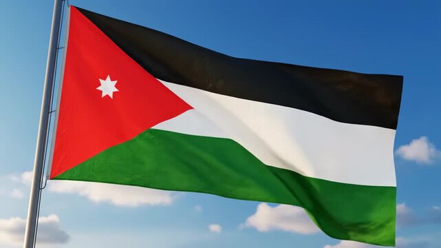 Jordanian Flag Waving Proudly Against a Blue Sky Background.