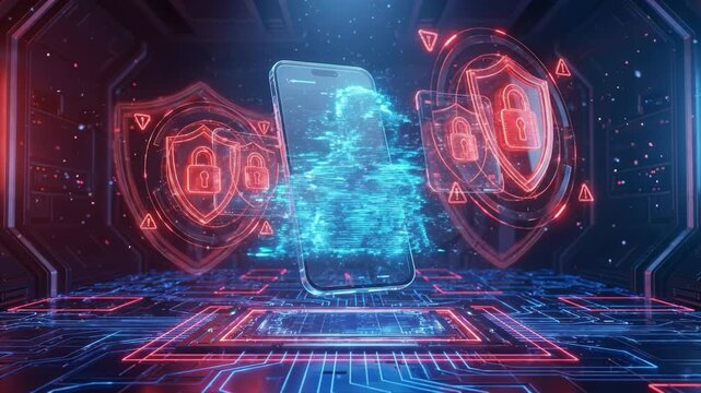 Futuristic holographic smartphone with digital security icons and glowing circuit board blue data stream suggesting encrypted mobile protection and cyber defense neon tech environment. holographic