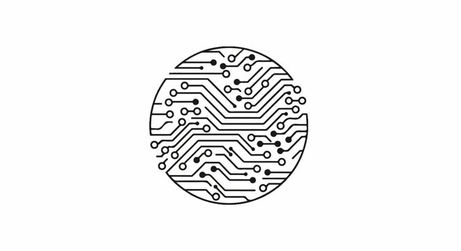 Abstract circular circuit board design with intricate pathways and nodes