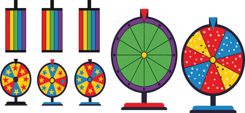 Colorful Spinning Prize Wheel Set with Carnival Game Spinner Boards and Rainbow Ticket Strips for Lucky Draw Contest Event Vector Illustration.