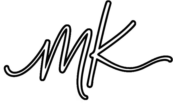 Black cursive script letters "MK" with a white background and outline
