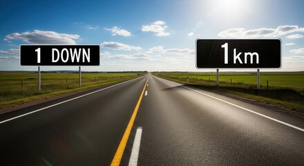 Road Signs Show the Distance on Asphalt, Kilometer and Milestone on Horizon