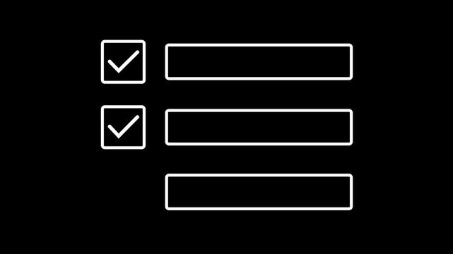 checklist with checkmarks in square boxes on black background. checklist interface with three completed items, indicated. Perfect for to-do lists, goals, workflow, and success presentations or apps.