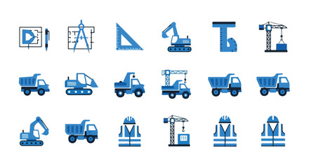 A vibrant blue and white vector set showcases various construction and engineering elements, including drafting tools, heavy machinery, and safety apparel. © Rayi