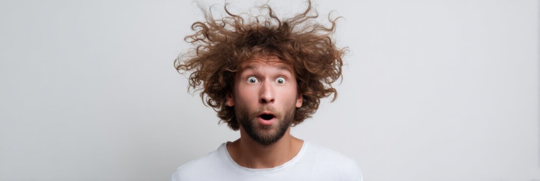 Surprised caucasian male adult with wild curly hair on white background