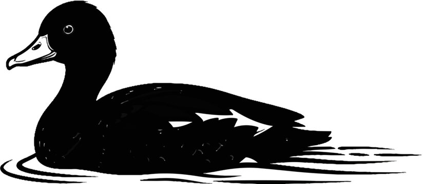 Black duck swimming in water, outlined by white strokes