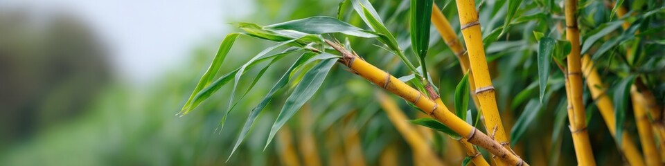 Fototapeta premium Lush green bamboo forest with vibrant yellow stalks in serene natural setting