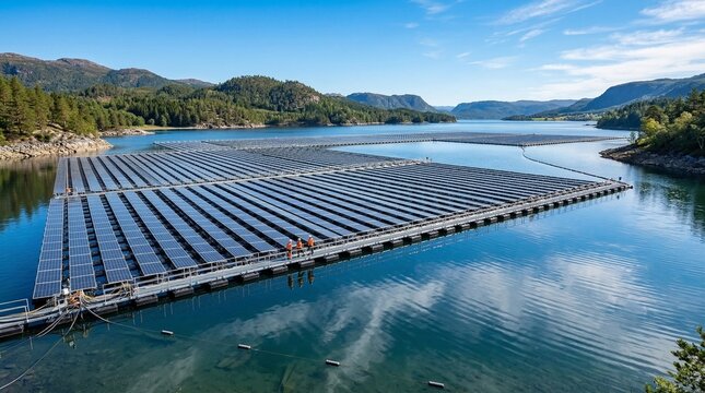 Innovative floating solar panels on calm water surface with blue sky reflection