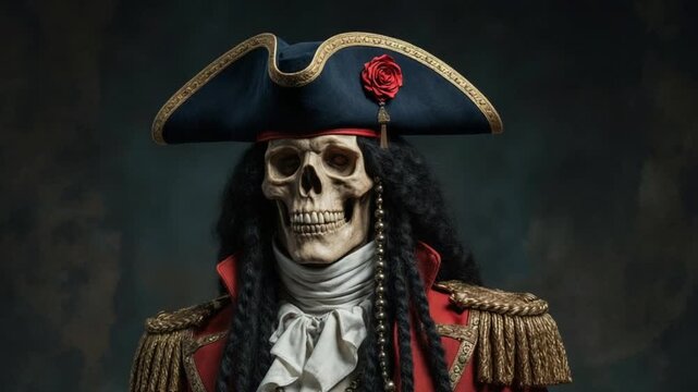 Skeleton pirate captain in historical uniform with tricorn hat