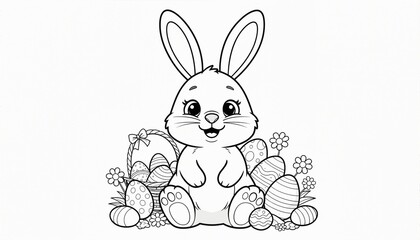 Fototapeta premium Coloring Page Outline Of cartoon cute Easter bunny with eggs and sweets. Coloring Book for kids. 