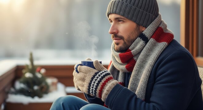 Man in Winter Outfit Enjoys Steaming Hot Drink on Snowy Balcony