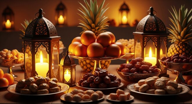Festive Table Setting with Lanterns Fruits and Sweets in Warm Light