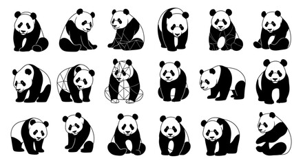 Collection of black and white panda bear illustrations in various poses and expressions on a plain background © Asim