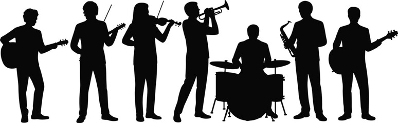 Music band musicians silhouette set playing guitar violin trumpet saxophone drums live concert performance artist group vector illustration © Boony