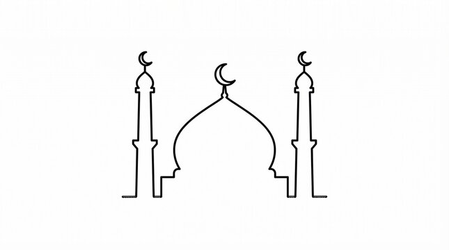 Minimalist One Line Drawing of Mosque Architecture Silhouette for Modern Islamic Ramadan and Eid Mubarak Celebration Graphics