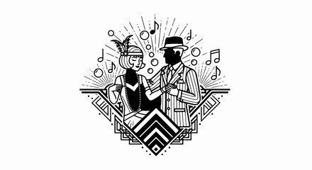 Fototapeta premium Art deco illustration of a couple dancing with musical notes and bubbles